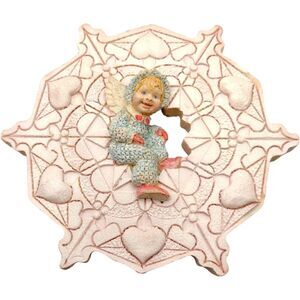 Vintage Baby Angel Ornate Snowflake Hearts Christmas Ornament 6" UDC 1995 Resin
